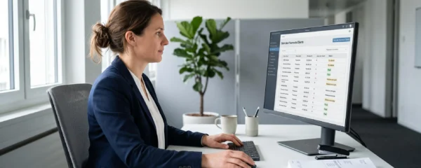 Responsable administrative et financière consultant un tableau de bord de gestion des relances clients sur son écran d'ordinateur, avec factures organisées sur le bureau, dans un environnement professionnel contemporain