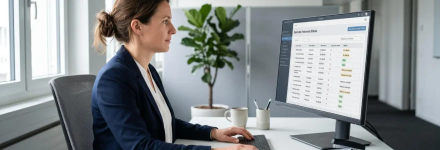 Responsable administrative et financière consultant un tableau de bord de gestion des relances clients sur son écran d'ordinateur, avec factures organisées sur le bureau, dans un environnement professionnel contemporain
